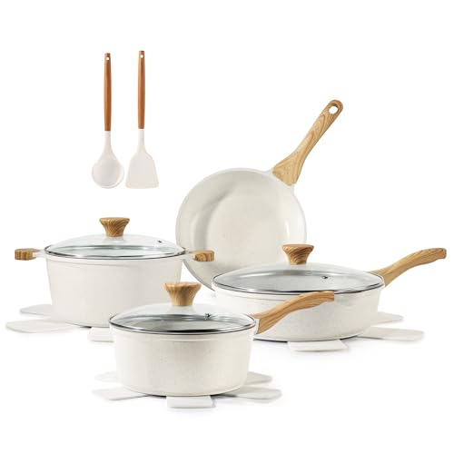 SENSARTE Nonstick Ceramic Cookware Set 13-Piece. Healthy Pots and Pans Set. Non-toxic Kitchen Cooking Set with Stay-Cool Handles. Silicone Tools and Pot Protectors. PFAS and PFOA Free