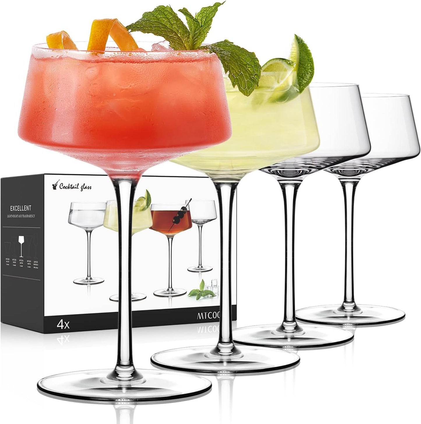 LUNA & MANTHA Martini Glasses Set of 4. Stemless Martini Cocktail Glasses for Margarita. Manhattan. Cosmopolitan. Home Bar. Evening Parties. Birthdays. Housewarming Gift. Crystal Clear 8 OZ