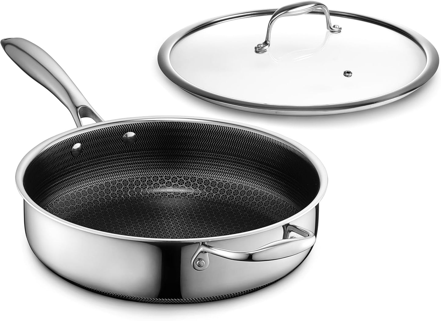 HexClad Hybrid Nonstick 7-Quart Saut¨¦ Pan with Tempered Glass Lid. Chicken Fryer. Stay-Cool Handles. Dishwasher-Friendly. Oven-Safe Up to 900¡ãF. Induction Ready. Compatible with All Cooktops