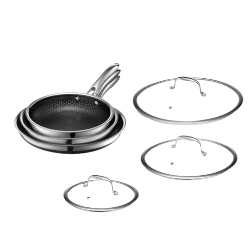 HexClad Hybrid Nonstick 6-Piece Fry Pan Set. 8. 10. and 12-Inch Frying Pans with Tempered Glass Lids. Stay-Cool Handles. Dishwasher-Friendly. Induction Ready. Compatible with All Cooktops