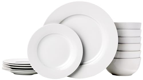 Amazon Basics Kitchen Dinnerware Set. Microwave and Dishwasher Safe. Plates. Bowls. Service for 6. 18-Piece. White