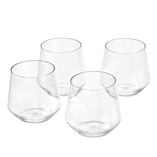 Amazon Basics Tritan Glasses. Dishwasher Safe. BPA-Free Plastic. Stemless Wine. Shatterproof. 14-oz. Clear. Set of 4