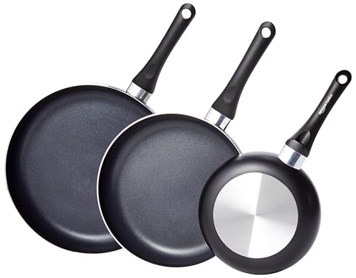 Amazon Basics Non Stick 3-Piece Kitchen Cookware Set. Includes 8-inch. 10-inch. 12-inch Pan. Black