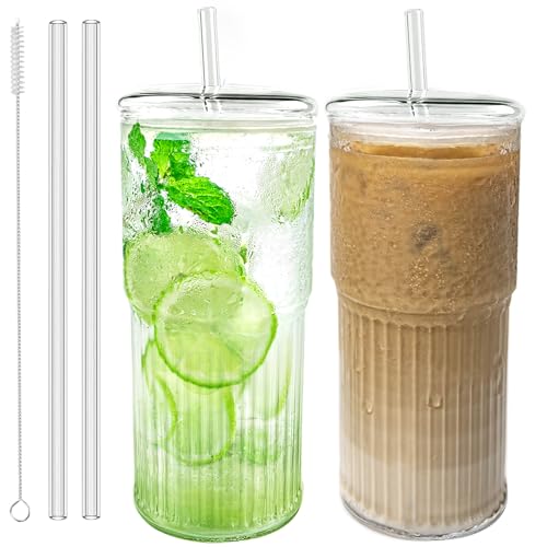 Glass Cups with Lids and Glass Straws. High Borosilicate 20OZ Tumblers (2Pcs) for Coffee. Tea. Juice. Smoothies. Hot/Cold Drinks at Home. Office