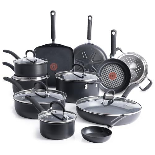 T-Fal Ultimate Hard Anodized Nonstick Cookware Set 17 Piece. Nonstick Pots and Pans Set with Fry Pan. Saucepans. Saute-Pan. Griddle. Dishwasher Safe. Black