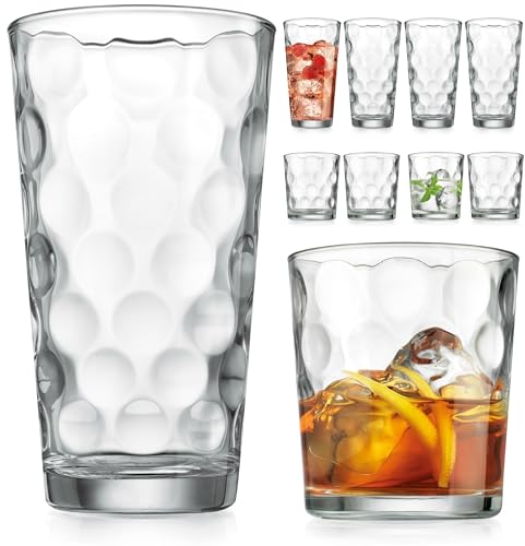 Home Essentials & Beyond Glassware Drinking Glasses Set Of 8 4 Highball (17 oz.) Kitchen Glasses | 4 (13 oz.) Rocks Glass Cups for Water. Juice and Cocktails.