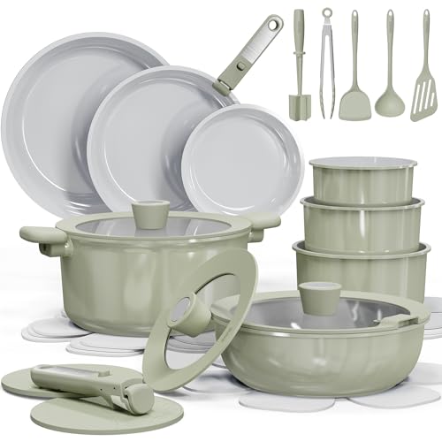 CAROTE 27pcs Ceramic Cookware Set Nonstick. Pots and Pans Set Non stick. Non Toxic Cookware. Dishwasher/Oven Safe. RV/Camping Cookware Set. Pan and Pot with Kitchen Utensils. Green
