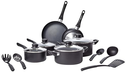 Amazon Basics Non Stick Kitchen Cookware 15-Piece Set. Non-Induction. Includes Pots. Pans. and Utensils. Black