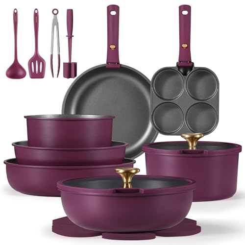 CAROTE 21pcs Pots and Pans Set. Nonstick Cookware Set Detachable Handle. Induction Kitchen Cookware Sets Non Stick with Removable Handle. RV Cookware Set. Gold and Purple