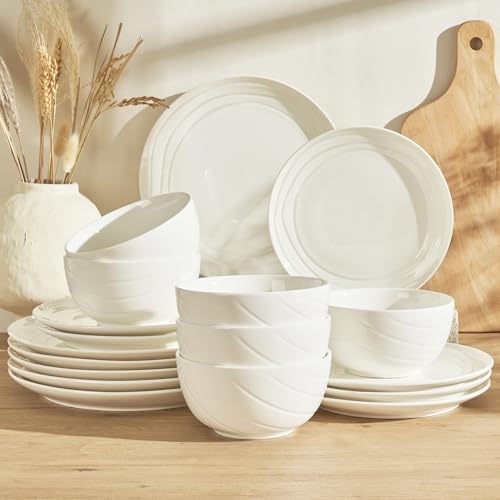 Sweese Porcelain Dinnerware Sets for 6. 18 Pieces Ceramic Plates and Bowls Sets. Handcrafted Minimalist Dinner Set. Chip and Scratch Resistant Dish Set. Dishwasher & Microwave Safe. White