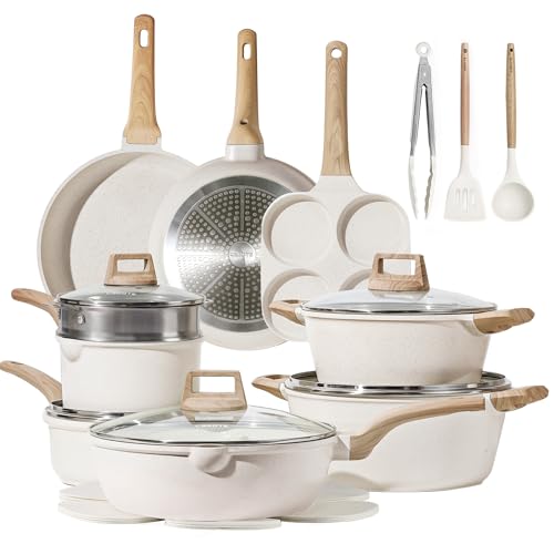 CAROTE 21Pcs Pots and Pans Set. Nonstick Cookware Sets. White Granite Induction Cookware Non Stick Cooking Set w/Frying Pans & Saucepans(PFOS. PFOA Free)