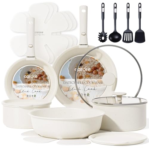 CAROTE 19pcs Pots and Pans Set Non Stick. Cookware Sets. Kitchen Set. Oven/Fridge Safe. Space Saving Pots Set. Nonstick Cooking Set with Versatile Detachable Handle. Induction RV Set. Cream White
