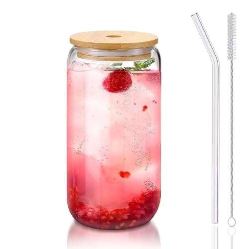 Glass Cups with Lids and Straws 1Pack.Glass Coffee Cups.Glass Cup with Lid for Iced Coffee.Smoothie.Cocktail.Beer.Whiskey.Soda.Matcha.16 Oz Glass Cup with Bamboo Lid.1 Brush