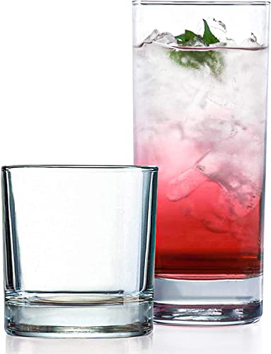 Everyday Drinking Glasses Set of 8 Drinkware Hurricane Glasses. Kitchen Glasses for Cocktail. Iced Coffee. Beer. Ice Tea. Wine. Whiskey. Water. 4 Tall Glass Cups & 4 Short Dof Drinking Glass