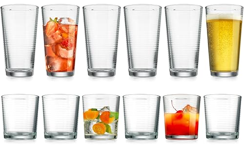 Glaver's Drinking Glasses Set of 12. Everyday Mixed Drinkware Set. 6. 17 oz Tall Kitchen Glass Cups. 6.13 Oz Rocks Whiskey Glasses. Heavy Duty Ribbed Glassware Set for Cocktail Beer. Juice. Water.