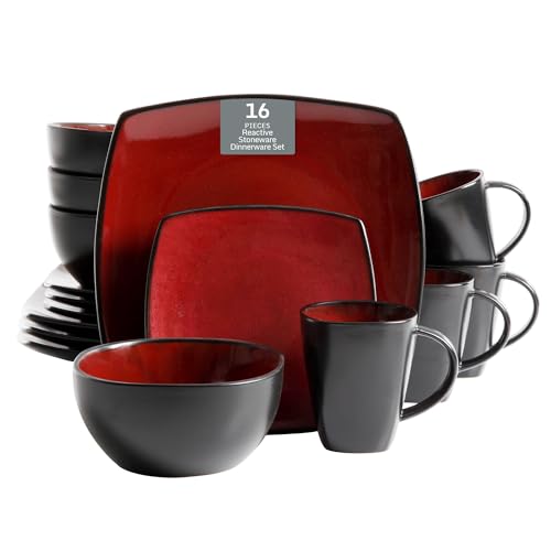 Gibson Soho Lounge Square Reactive Glaze Dinnerware Set. Red. Service for 4 (16pcs)