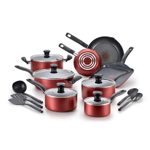 T-fal Initiatives Nonstick Cookware Set 18 Piece. Oven Broiler Safe 350F. Kitchen Cooking Set w/Fry Pans. Saucepans. Saute Pan. Dutch Oven. Griddle. Pots and Pans. Home. Dishwasher Safe. Red