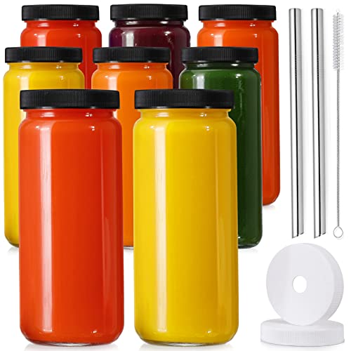 [ 8 Pack ] Glass Juicing Bottles with 2 Straws & 2 Lids w Hole- 16 OZ Travel Drinking Jars. Water Cups with Black Airtight Lids. Reusable Tall Mason Jar for Juice. Bubble Tea. Smoothie. Tea. Kombucha