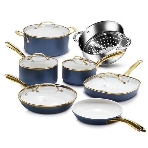 Gotham Steel 12 Pc Ceramic Cookware Set Nonstick. Ceramic Pots and Pans Set Non Stick with Steamer for Cooking. Non Toxic PFOA PFOS Free. Premium Stay Cool Handles. Oven & Dishwasher Safe