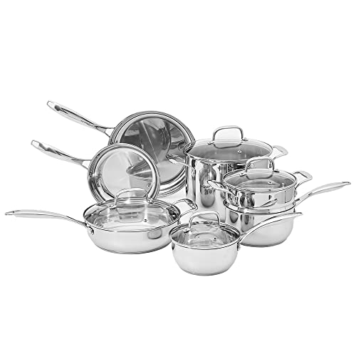 Amazon Basics Stainless Steel Cookware 11-Piece Set. Oven Safe. Pots and Pans. Induction-Ready. Even Heating. Easy to Clean. Heavy Duty. Silver