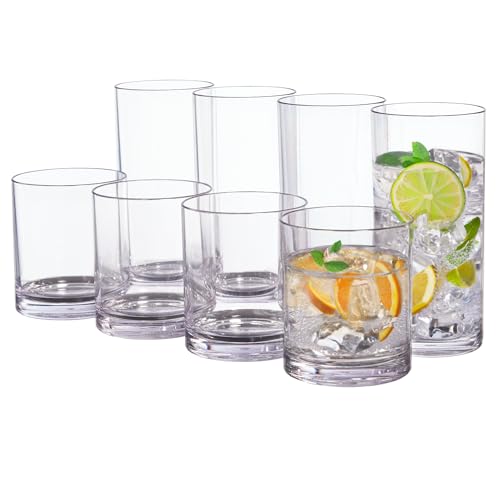 US Acrylic Classic Clear Plastic Reusable Drinking Glasses (Set of 8) 12oz Rocks & 16oz Water Cups | BPA-Free Tumblers. Made in USA | Top-Rack Dishwasher Safe