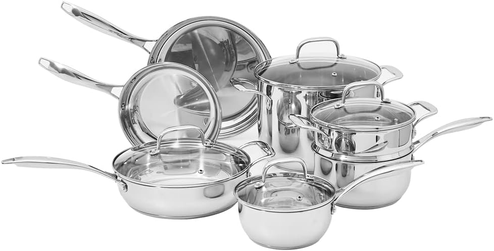 Amazon Basics Stainless Steel Cookware 11-Piece Set. Oven Safe. Pots and Pans. Induction-Ready. Even Heating. Easy to Clean. Heavy Duty. Silver