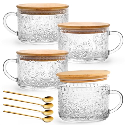 YORY 4-Pack Vintage Glass Mugs with Bamboo lids and Spoons Coffee Tea Cups Gifts for Women Overnight Oats Containers 14oz.