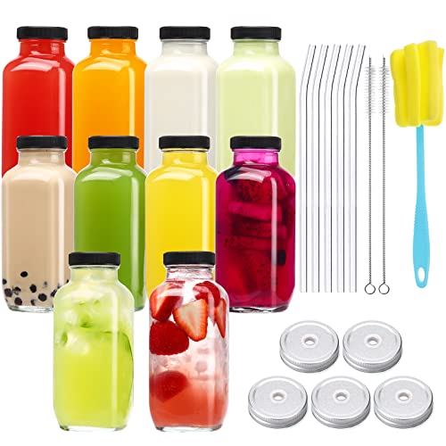 CUCUMI 10pcs 16oz Glass Juice Bottles with Lids. Reusable Juice Containers Drinking Jars Water Cups with Brush. Glass Straws. Lids with Hole