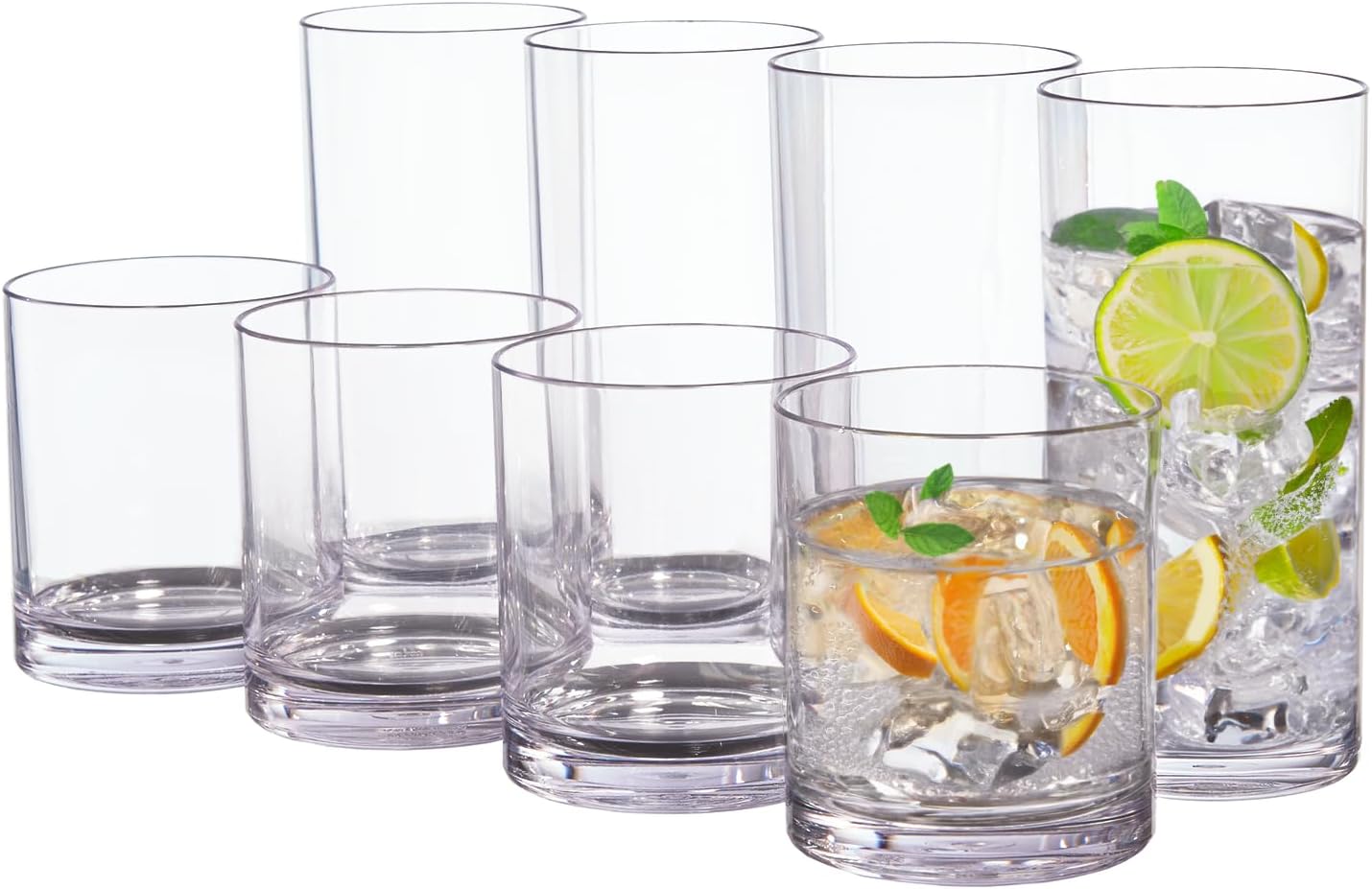 US Acrylic Classic Clear Plastic Reusable Drinking Glasses (Set of 8) 12oz Rocks & 16oz Water Cups | BPA-Free Tumblers. Made in USA | Top-Rack Dishwasher Safe