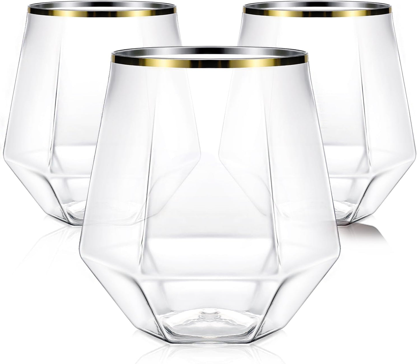 40 Pcak Plastic Stemless Wine cocktail Whiskey Champagne Glasses. 12 Oz Gold Rim Disposable Clear Unbreakable Cups for Party Bars Wedding Tasting (Diamond-shaped)