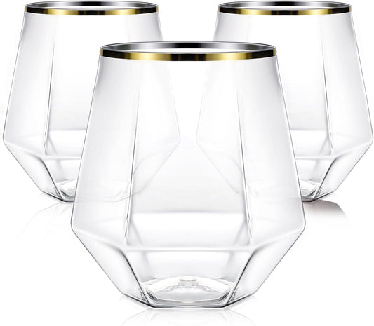 40 Pcak Plastic Stemless Wine cocktail Whiskey Champagne Glasses. 12 Oz Gold Rim Disposable Clear Unbreakable Cups for Party Bars Wedding Tasting (Diamond-shaped)