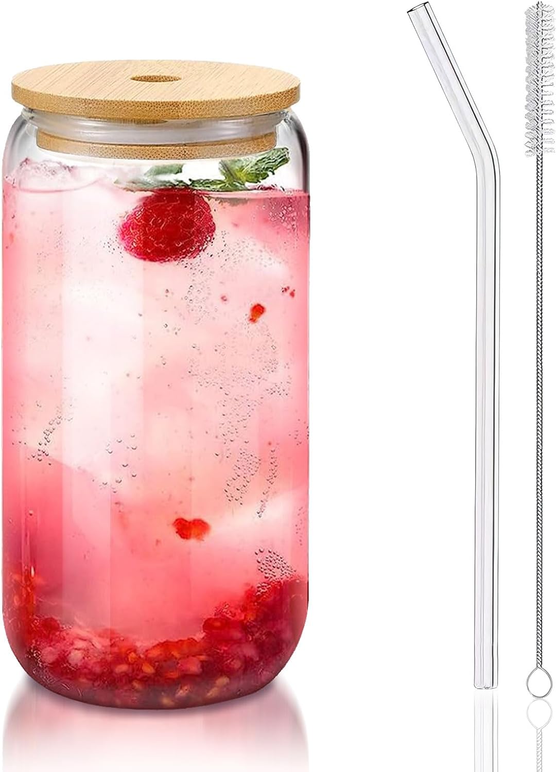 Glass Cups with Lids and Straws 1Pack.Glass Coffee Cups.Glass Cup with Lid for Iced Coffee.Smoothie.Cocktail.Beer.Whiskey.Soda.Matcha.16 Oz Glass Cup with Bamboo Lid.1 Brush