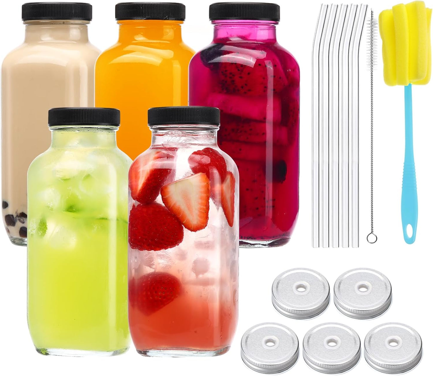 CUCUMI 10pcs 16oz Glass Juice Bottles with Lids. Reusable Juice Containers Drinking Jars Water Cups with Brush. Glass Straws. Lids with Hole