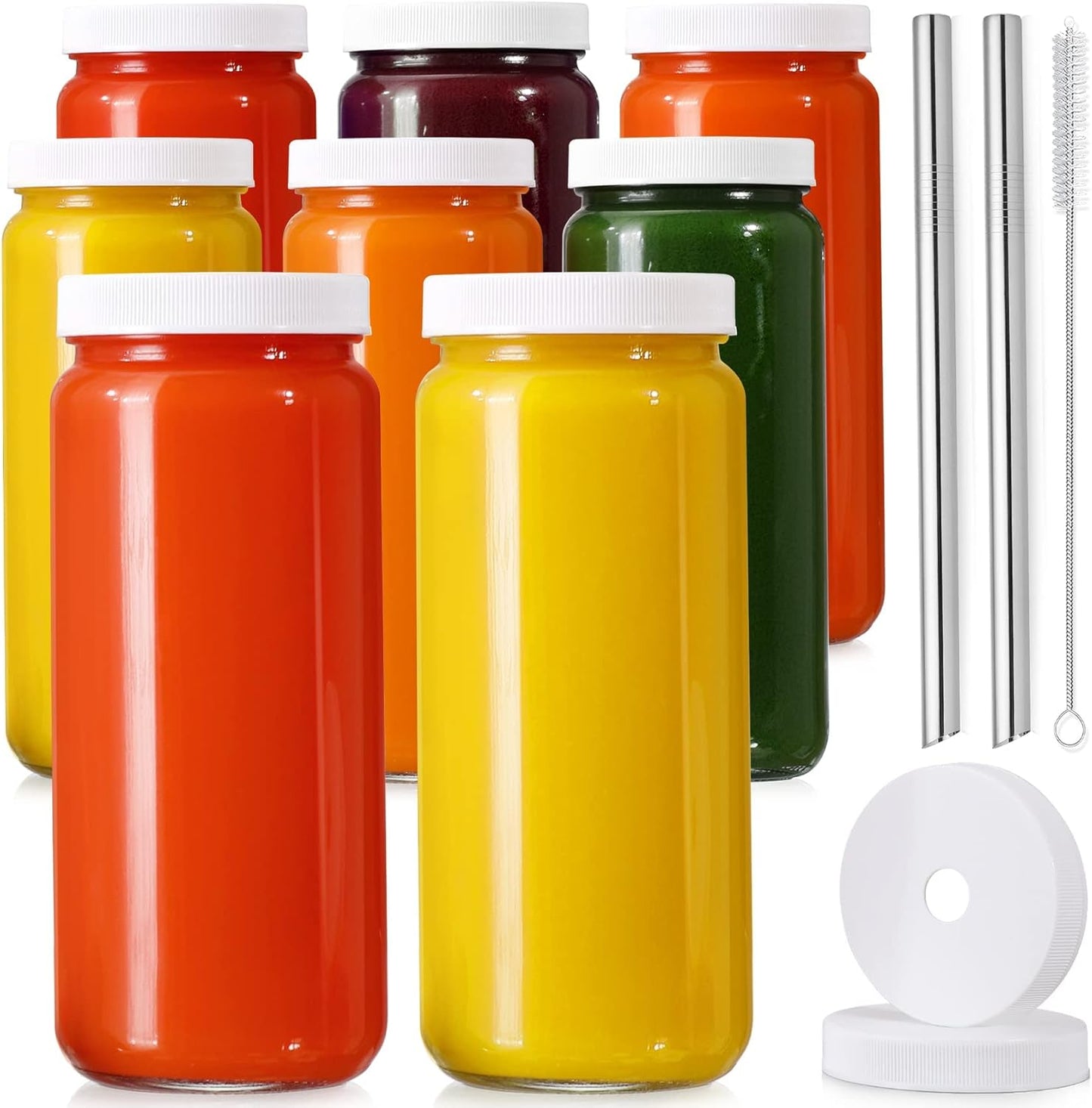 [ 8 Pack ] Glass Juicing Bottles with 2 Straws & 2 Lids w Hole- 16 OZ Travel Drinking Jars. Water Cups with Black Airtight Lids. Reusable Tall Mason Jar for Juice. Bubble Tea. Smoothie. Tea. Kombucha