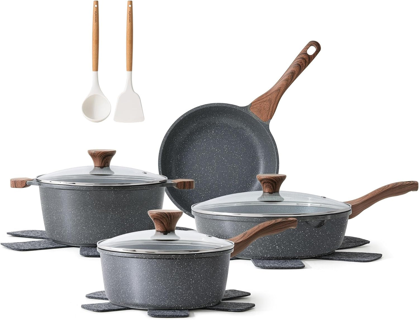 SENSARTE Nonstick Ceramic Cookware Set 13-Piece. Healthy Pots and Pans Set. Non-toxic Kitchen Cooking Set with Stay-Cool Handles. Silicone Tools and Pot Protectors. PFAS and PFOA Free