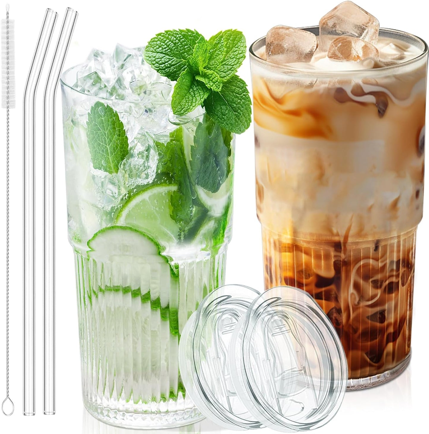 Glass Cups with Lids and Glass Straws. High Borosilicate 20OZ Tumblers (2Pcs) for Coffee. Tea. Juice. Smoothies. Hot/Cold Drinks at Home. Office