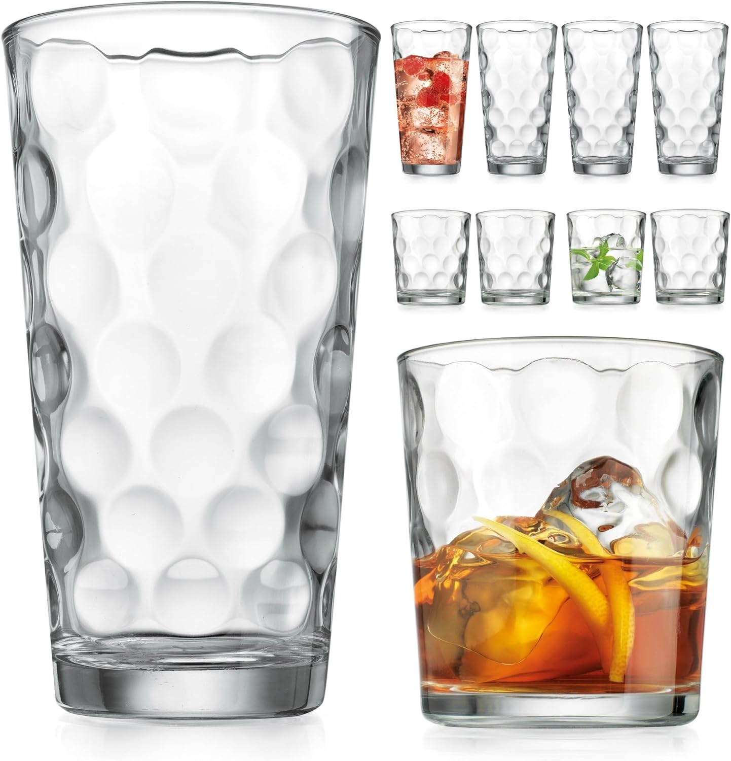 Home Essentials & Beyond Glassware Drinking Glasses Set Of 8 4 Highball (17 oz.) Kitchen Glasses | 4 (13 oz.) Rocks Glass Cups for Water. Juice and Cocktails.